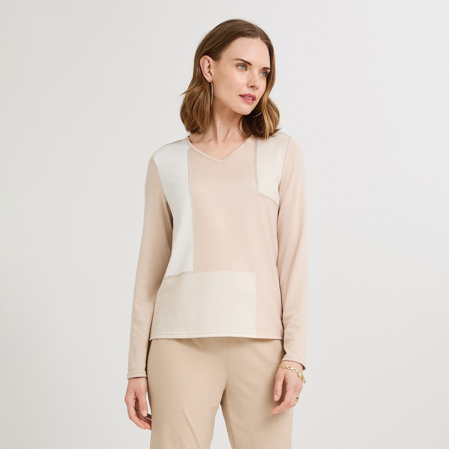 Polera Lanilla Bloqus de Color con Strass Beige